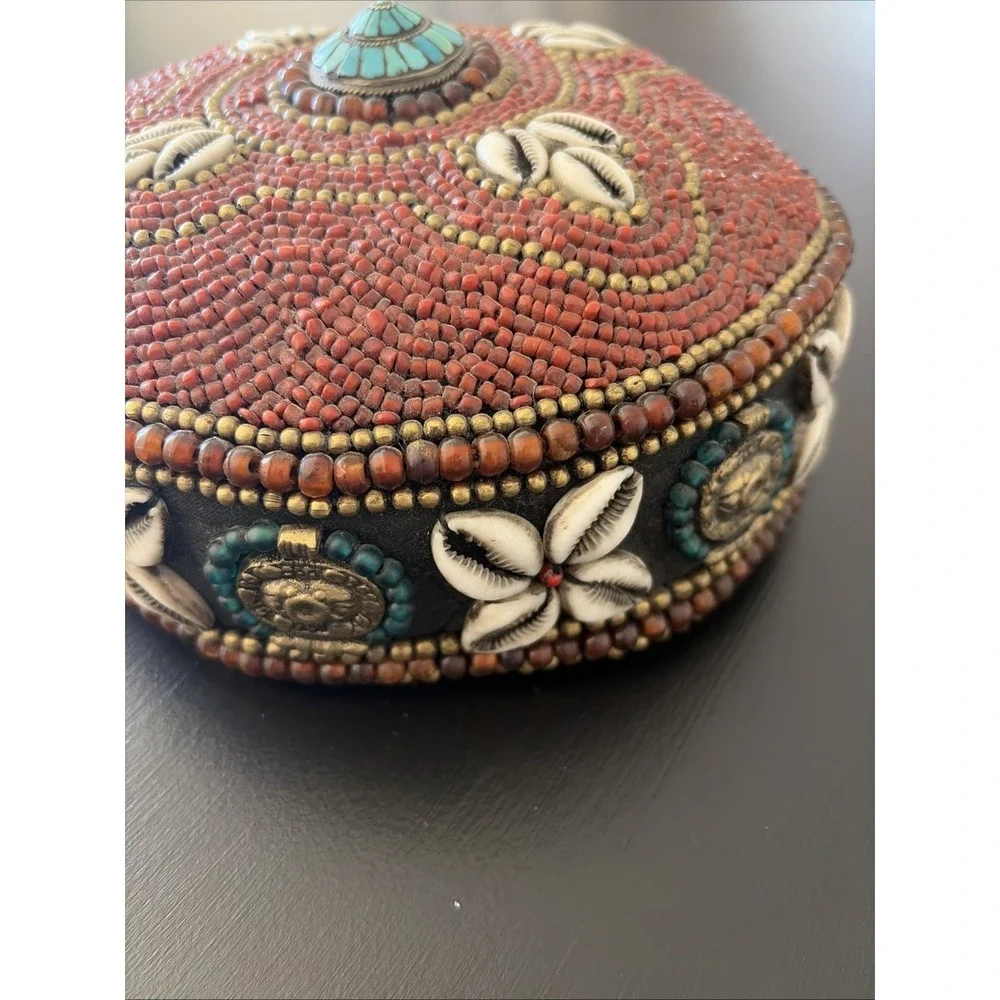 Tibetan‎ Beaded Hat Ceremonial Headdress Red Coral Turquoise Beaded
